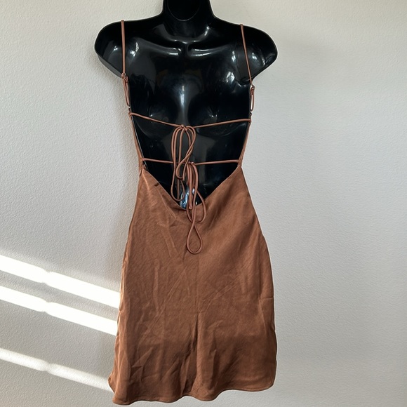 Princess Polly Alfie Copper Brown Satin Backless Square Neck Mini Dress - Picture 9 of 12